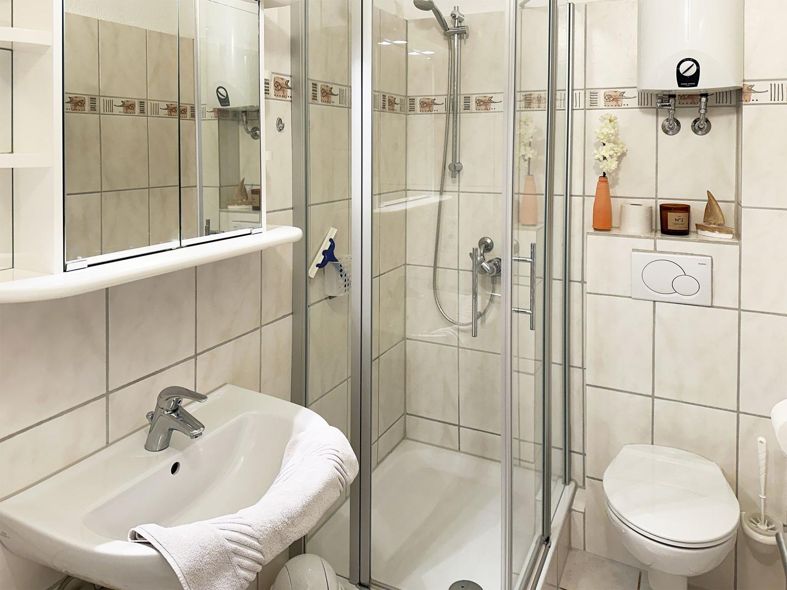 Badezimmer mit Dusche, Waschbecken und Toilette. Fliesenwand und Spiegelschrank.
