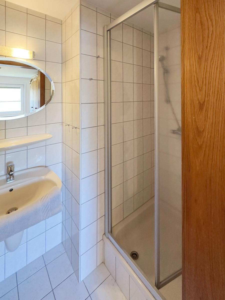 Badezimmer mit Dusche, Waschbecken und Spiegel.