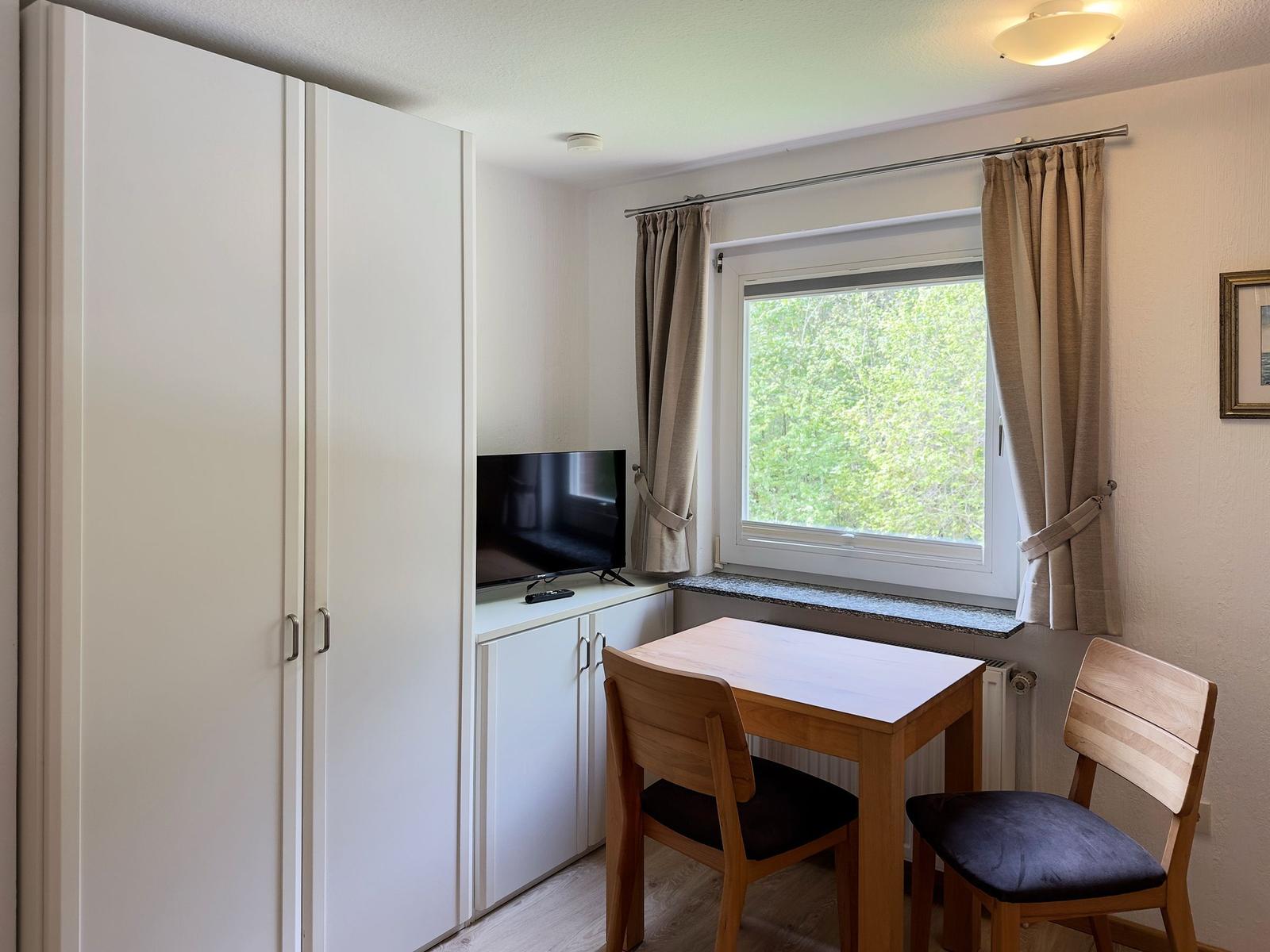 Schlafzimmer mit TV, Tisch und Stühlen. Fenster mit Blick auf Wald.