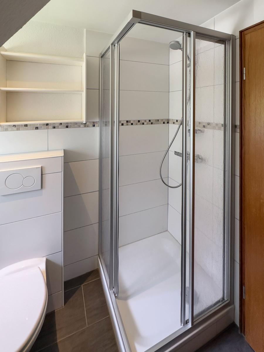 Dusche mit Glaswand, Toilette und Regal an der Wand