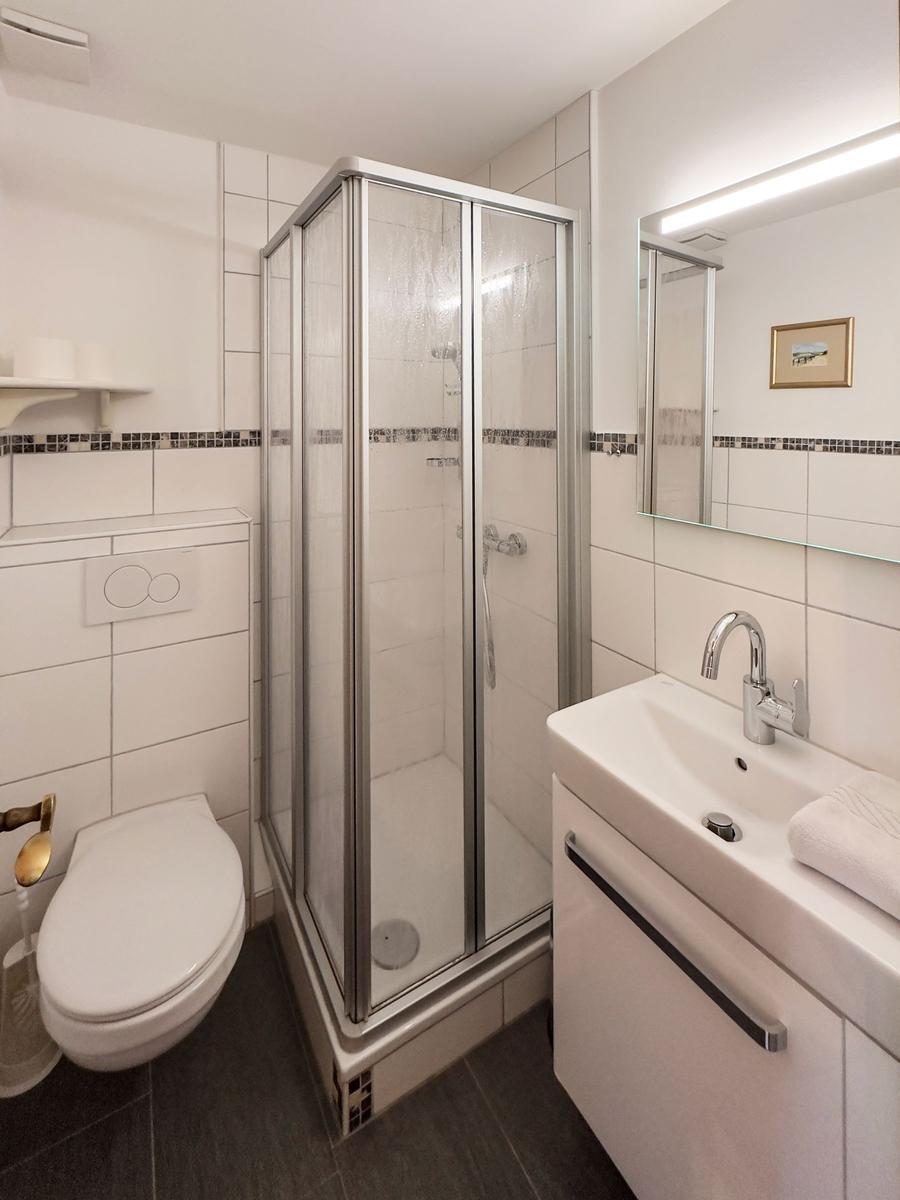 Badezimmer mit Dusche, Waschbecken und WC. Fliesen und Spiegel sind sichtbar.
