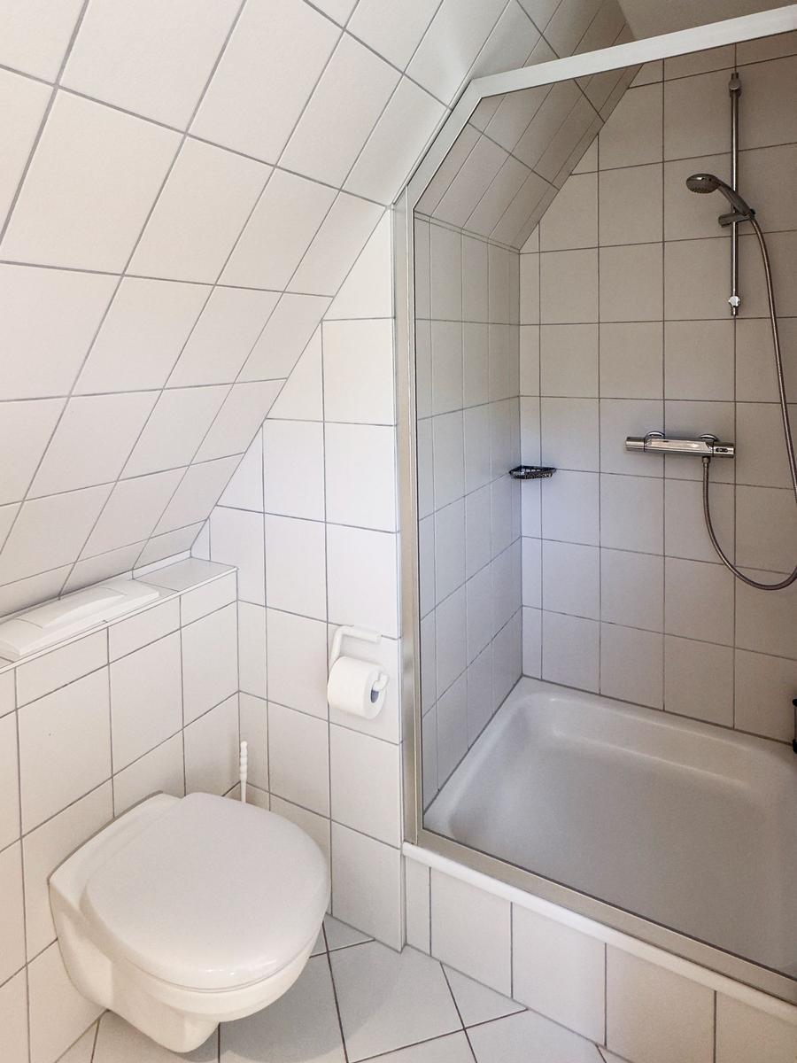 Duschkabine mit Duschbrause, Toilette und Toilettenpapier in weißer Fliesenwand.