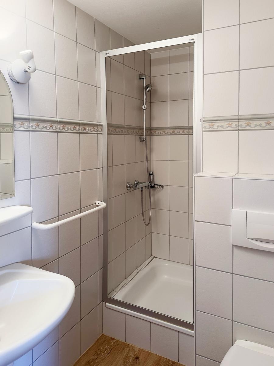 Badezimmer mit Dusche, Waschbecken und Toilette. Fliesenwand mit dekorativer Bordüre.