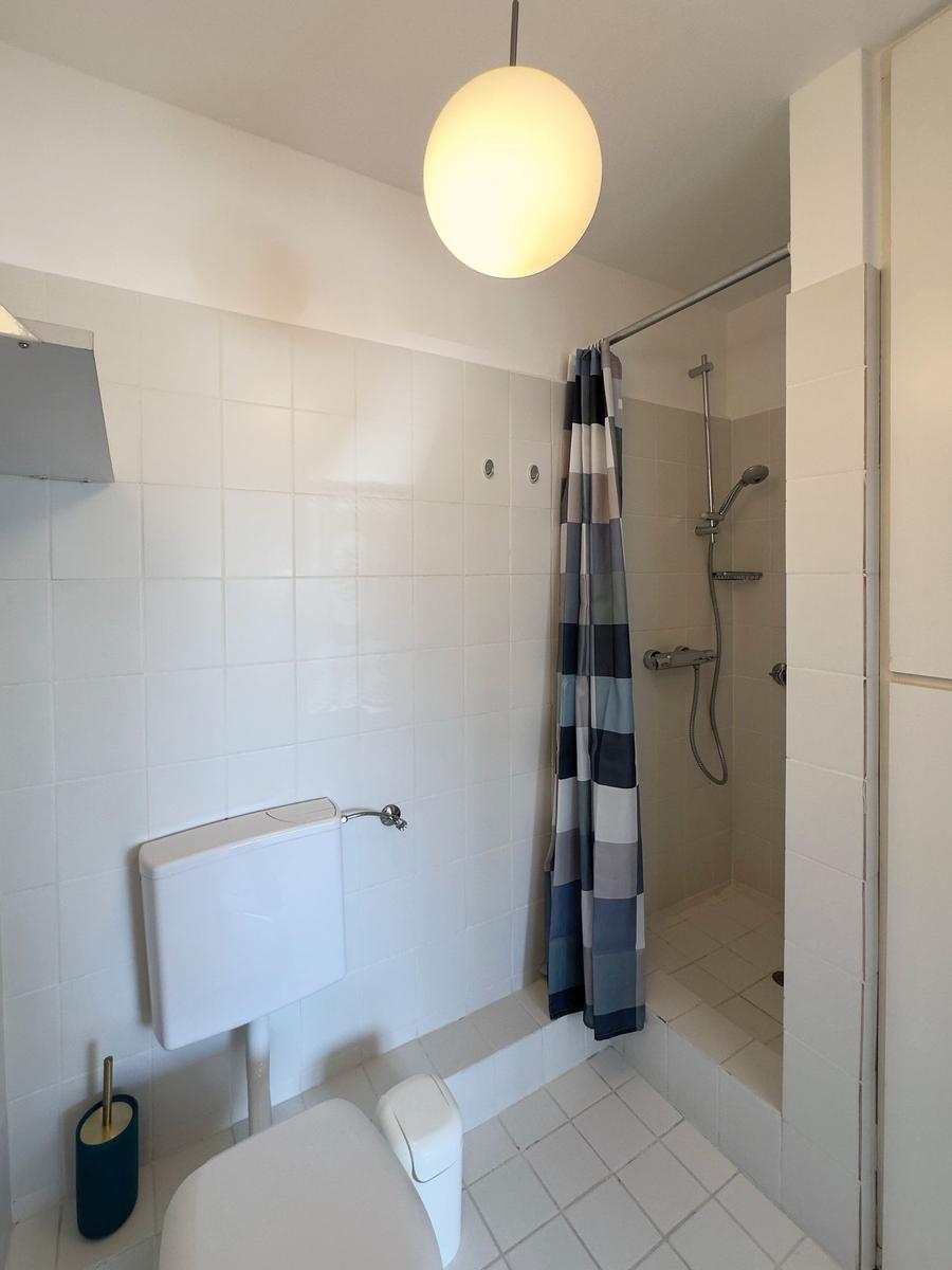 Bathroom with shower, toilet, and round ceiling light.