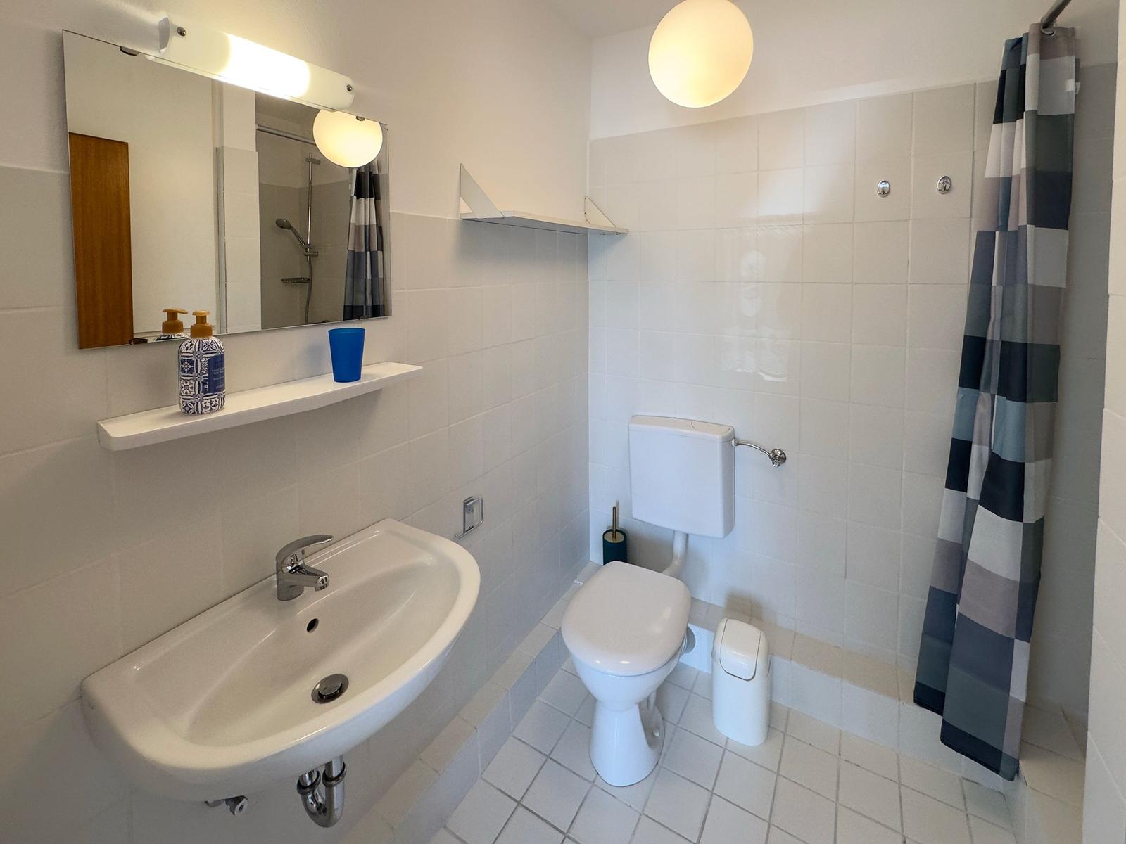 Bathroom with sink, toilet, and shower with curtain.