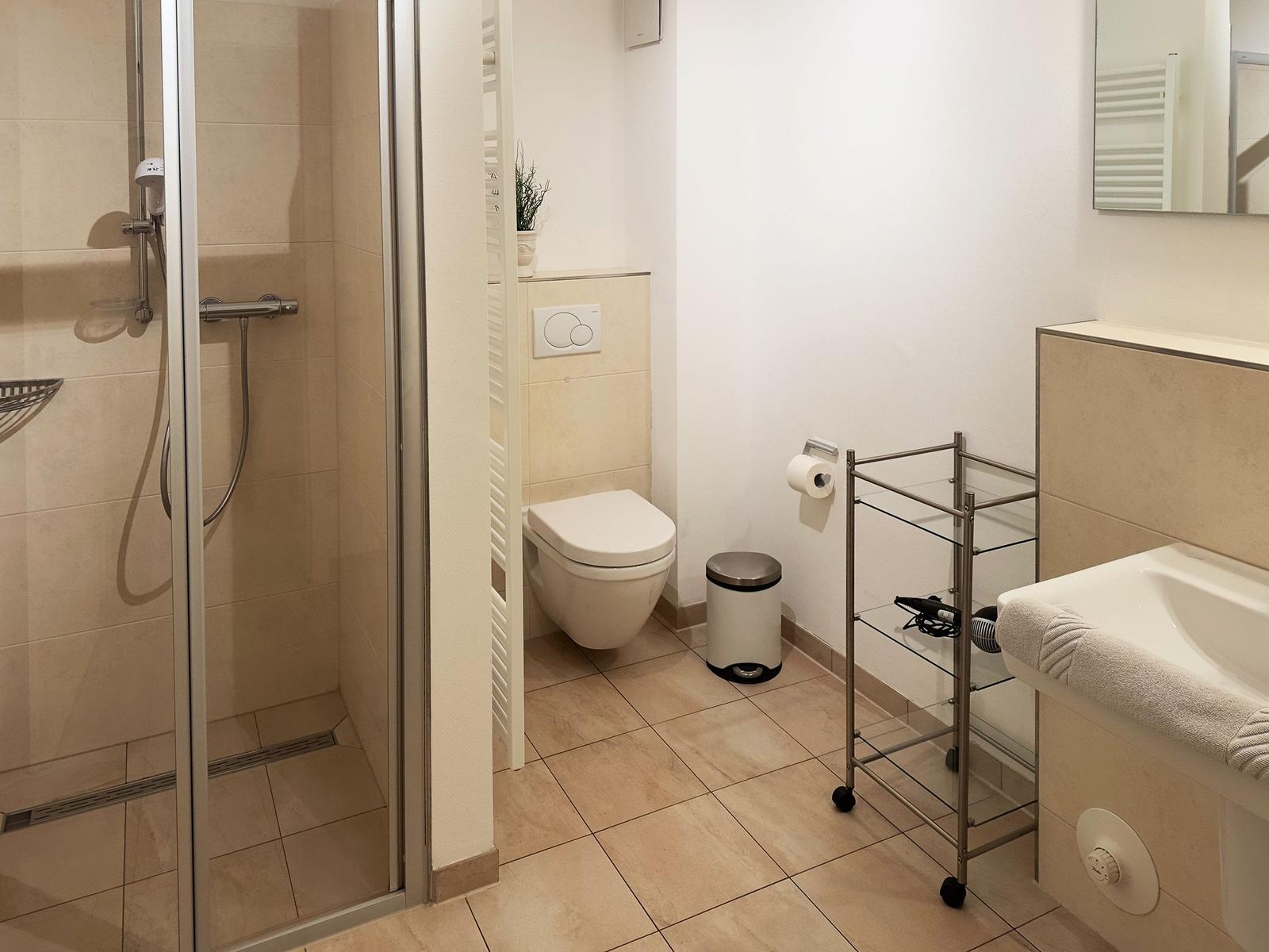 Badezimmer mit Dusche, Toilette und Waschbecken. Rollwagen und Spiegel vorhanden.