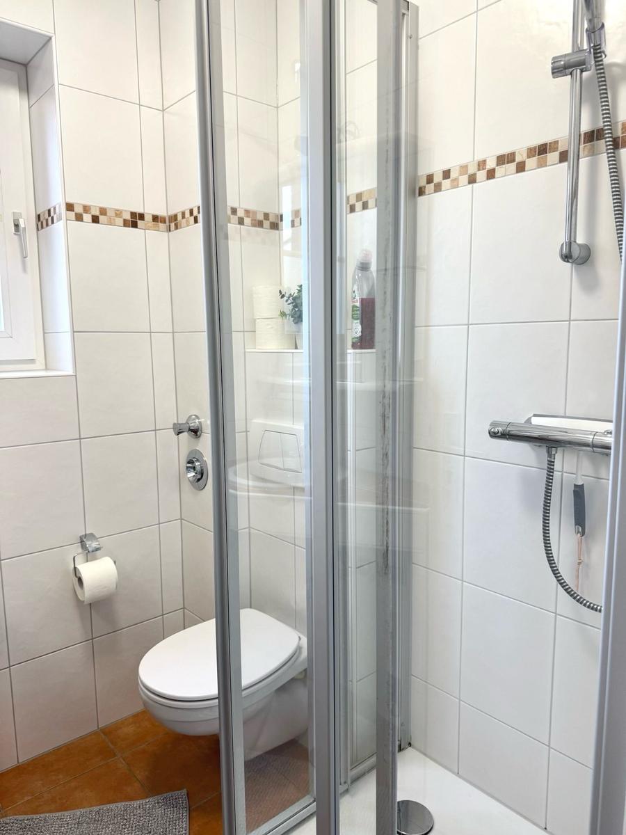 Bad mit Dusche, Toilette und Fenster. Fliesen mit Mosaikstreifen.