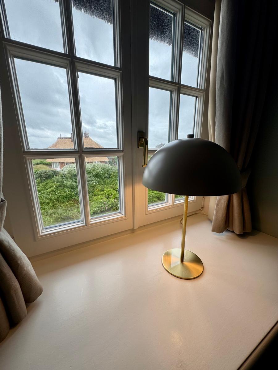 Schreibtisch mit Lampe vor Fenster mit Blick auf Grün und Dach