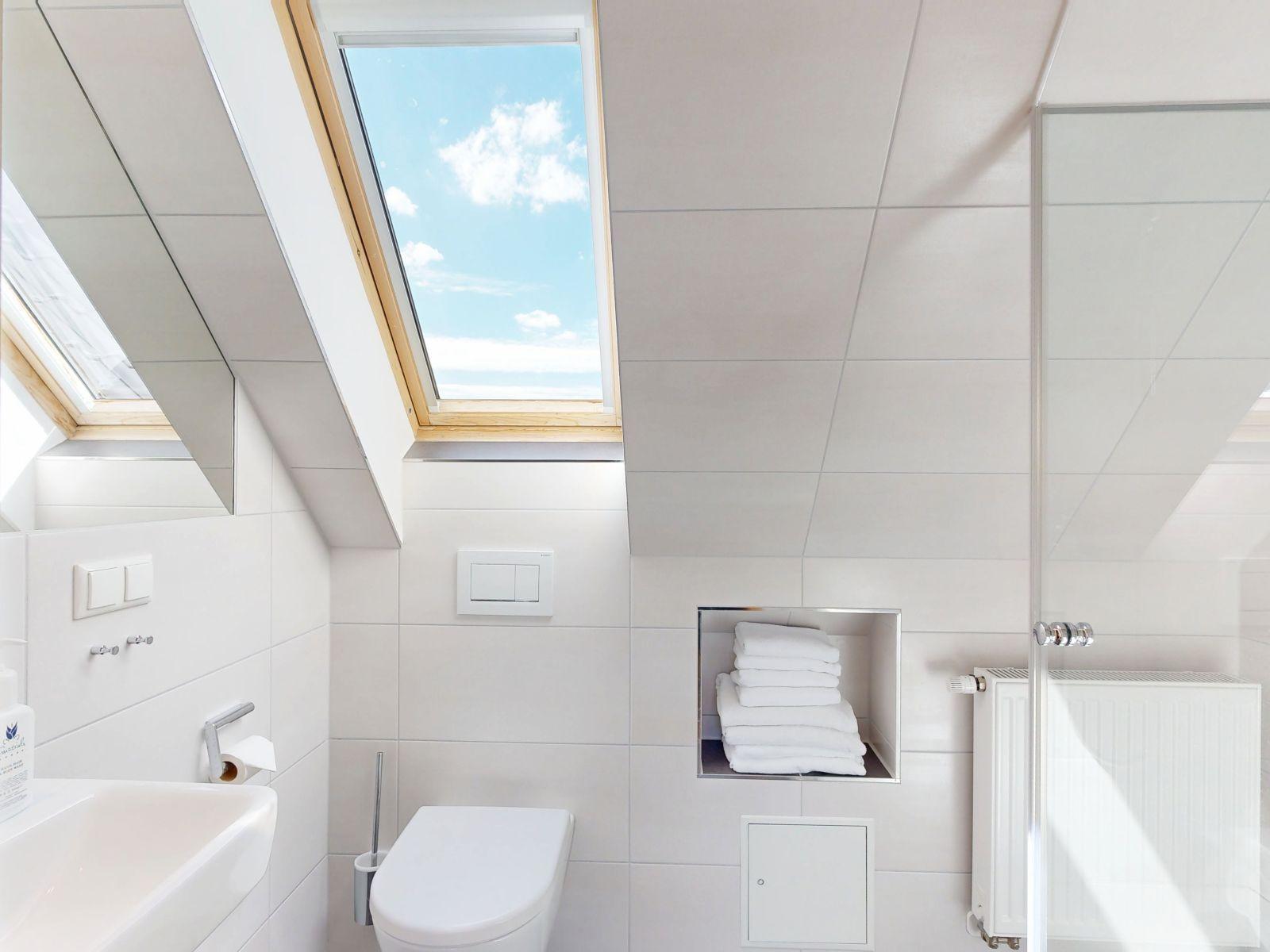 Badezimmer mit Dachfenster, Toilette, Waschbecken und Dusche.