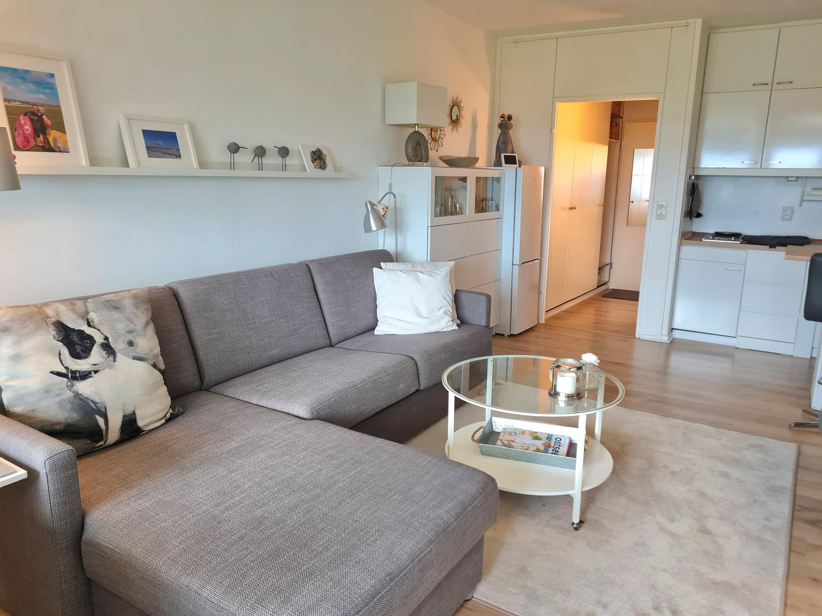 Wohnzimmer mit grauem Sofa, Glas-Tisch und Küchenbereich im Hintergrund.