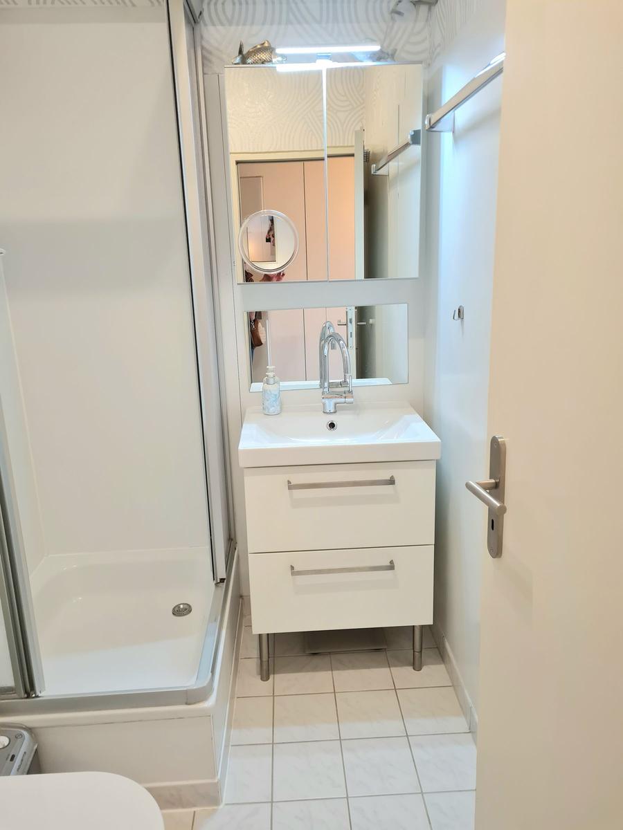 Badezimmer mit Dusche, Waschbecken und Spiegelschrank.