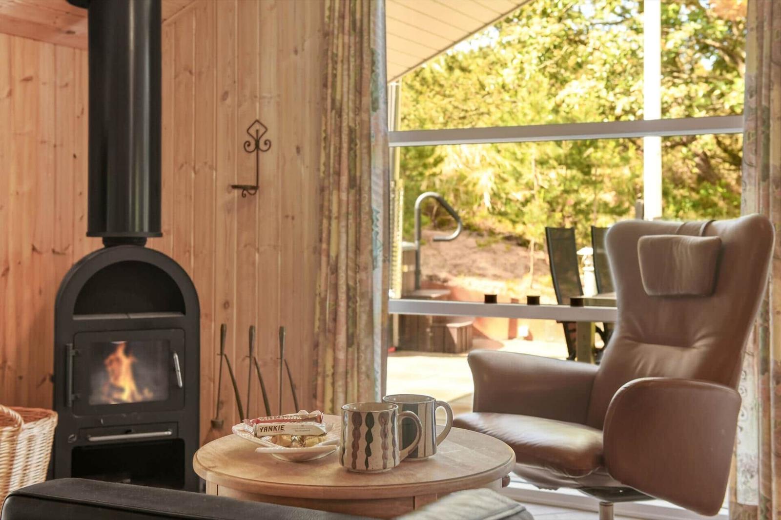 Raum mit Kamin, brauner Sessel und Tisch mit Tassen und Snacks. Durchgang zur Terrasse mit Garten.