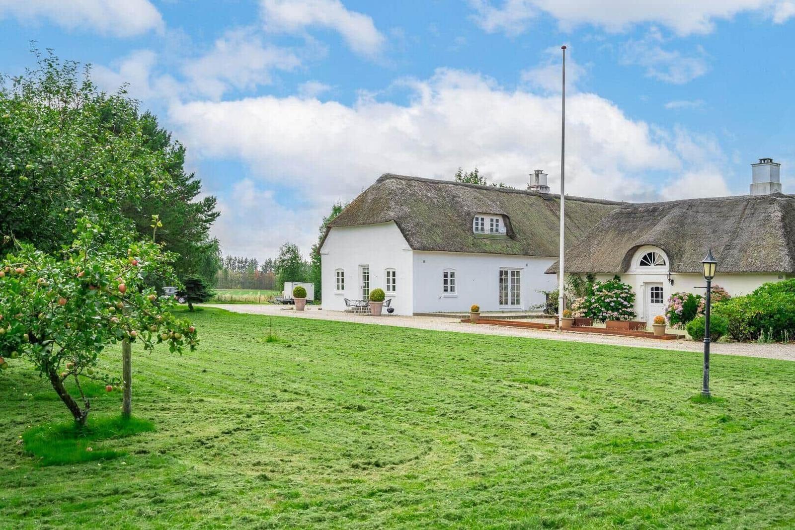 Weißes Haus mit Strohdach, Garten und Obstbaum unter blauem Himmel.