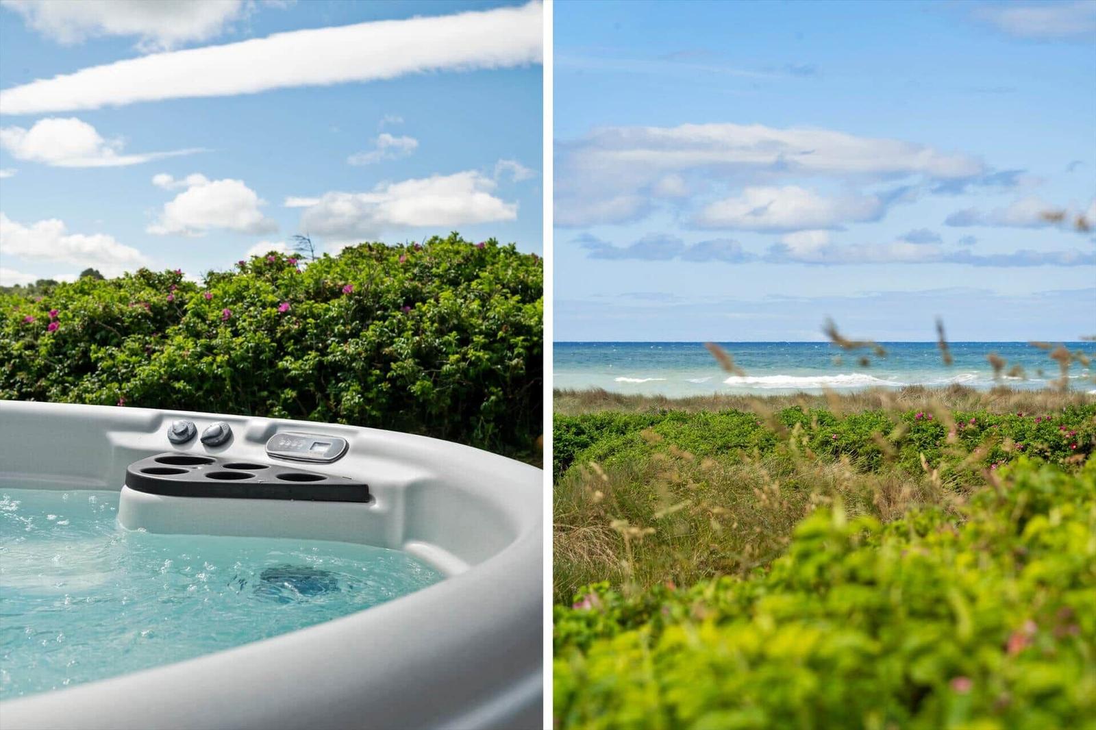Whirlpool mit Blick auf grüne Hecke und Meer