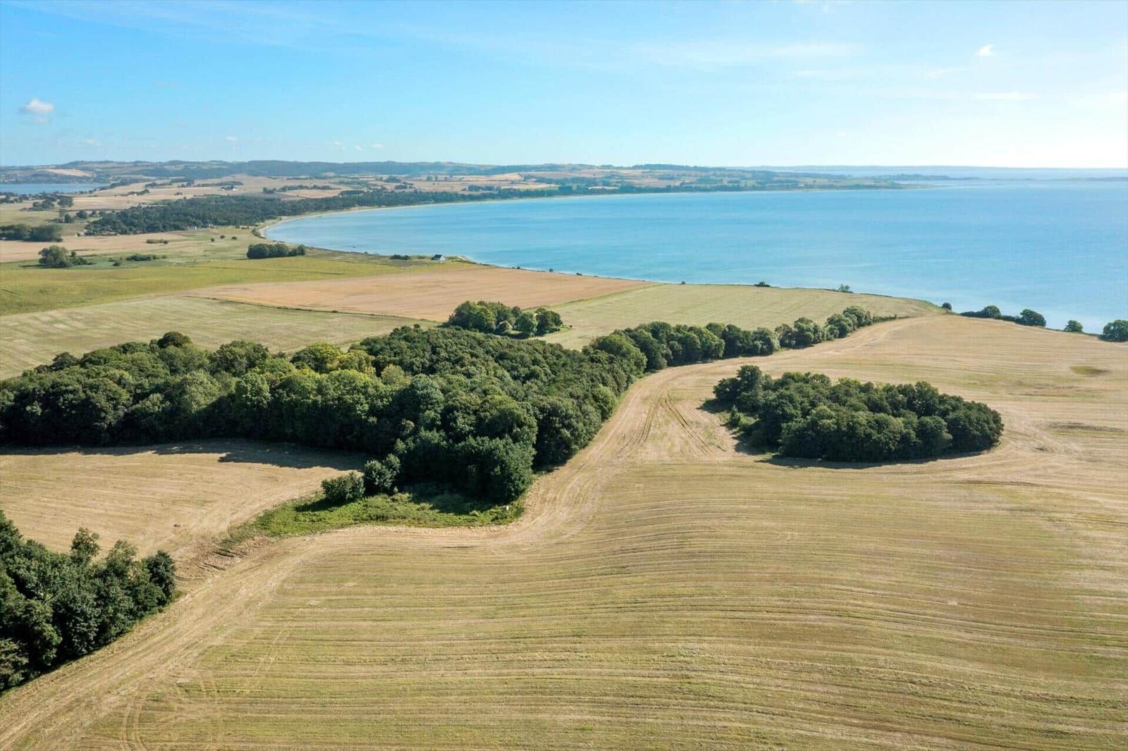 Vast landscape with fields, trees, and a large lake in the background.