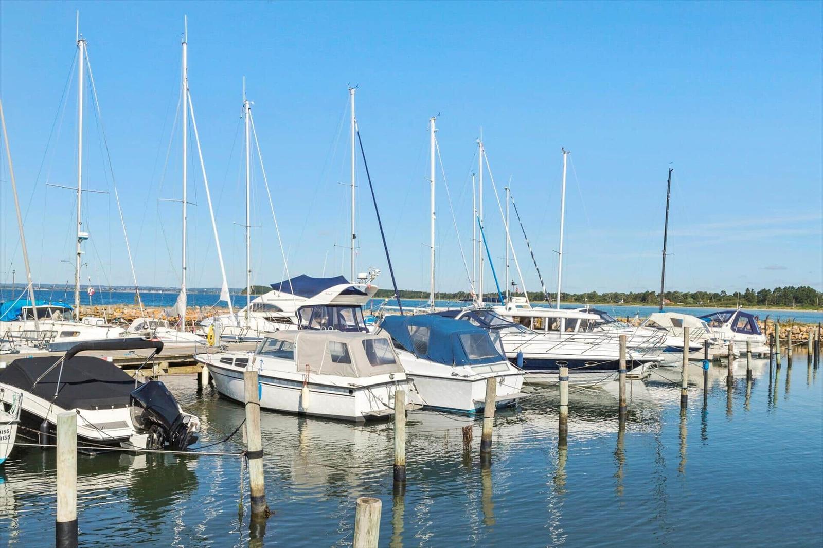 Marina with several sailboats and motorboats in clear water under blue sky.