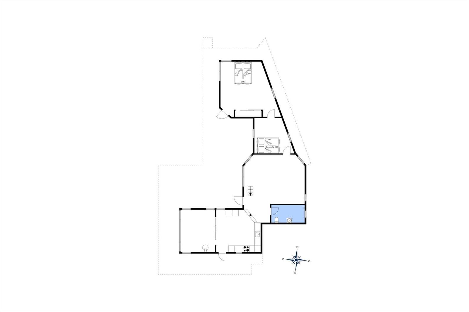 Floor plan shows two bedrooms, kitchen, bathroom, and living area with compass.