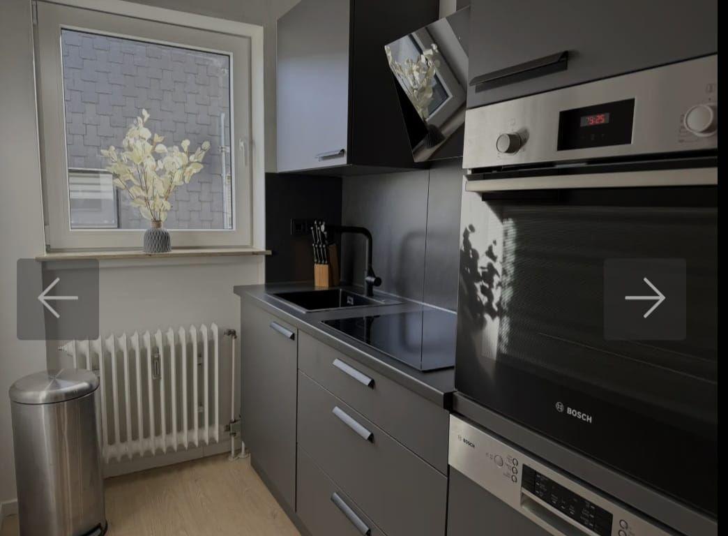Küche mit Dunstabzug, Herd und Spüle. Fenster mit Blumenvase und Heizkörper.