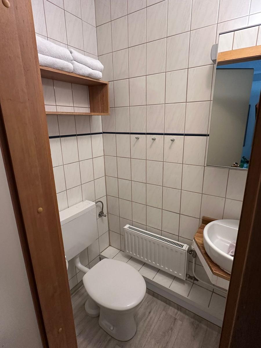 Badezimmer mit Toilette, Waschbecken und Spiegel. Handtuchregal an der Wand.