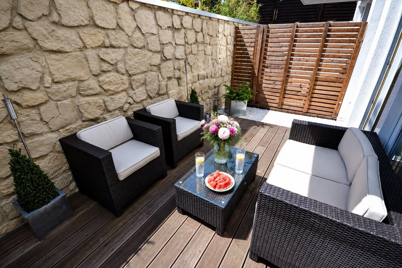 Terrasse mit Sitzgruppe, Tisch und Blumen. Holzdielen und Steinmauer.