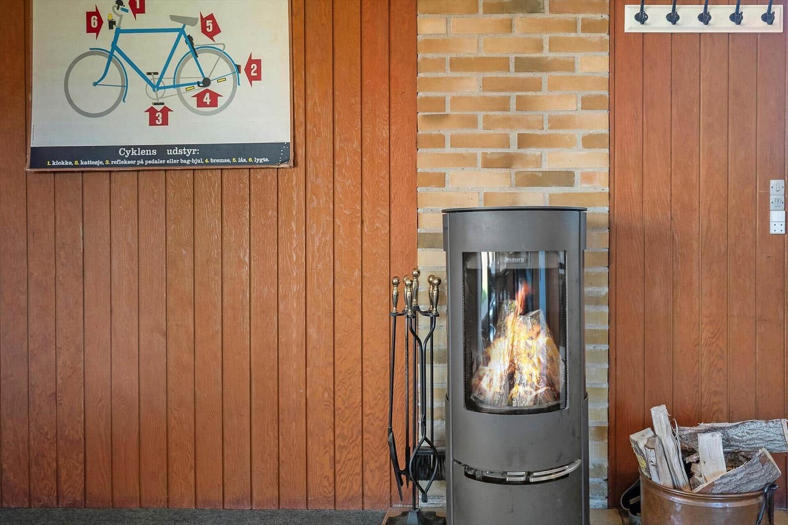 Kamin mit brennendem Holz, daneben Feuerzeug und Holzstapel. An der Wand hängt ein Fahrrad-Info-Plakat.