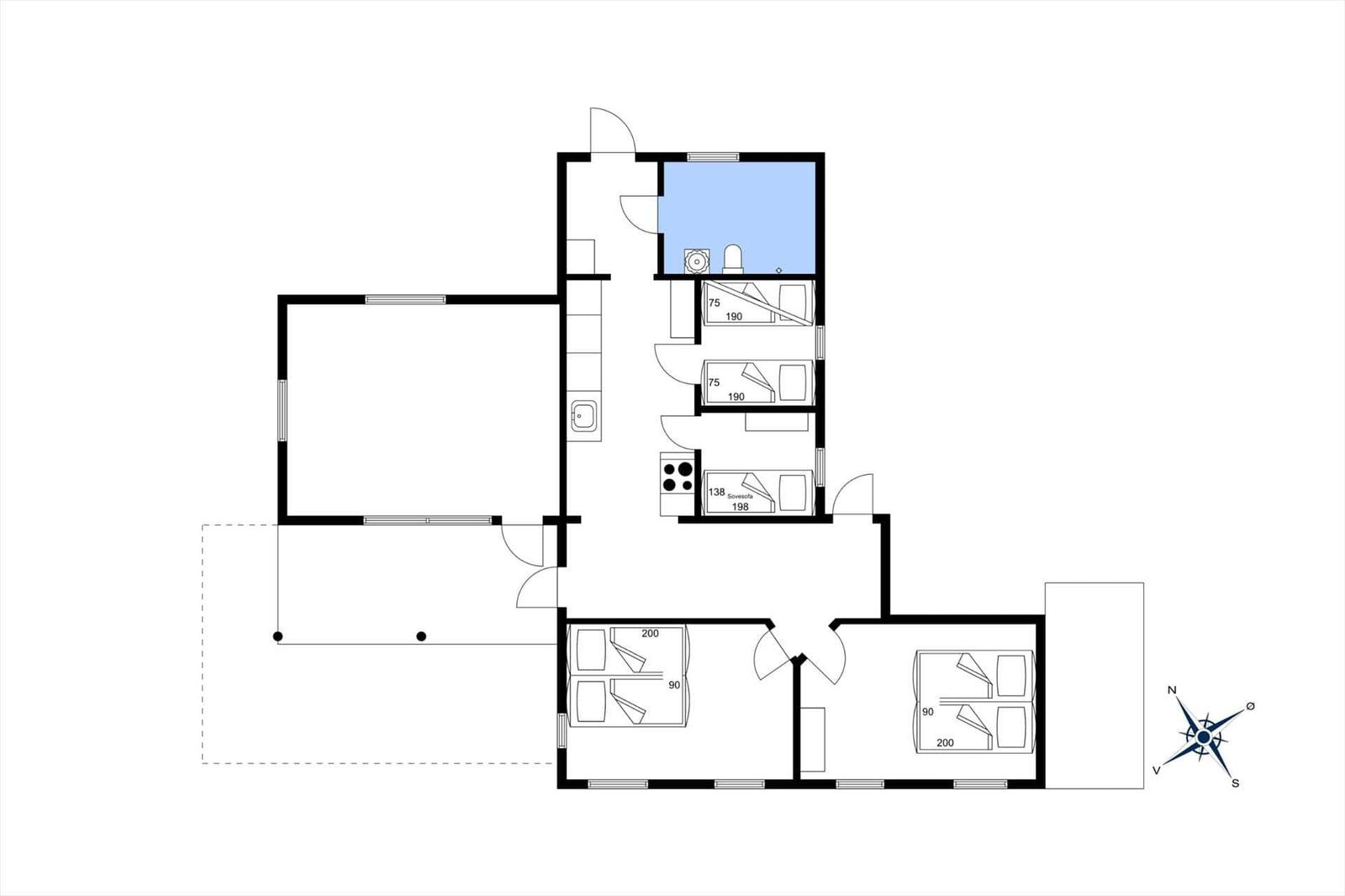 Dieses Apartment hat drei Schlafzimmer, eine Küche und ein Bad.