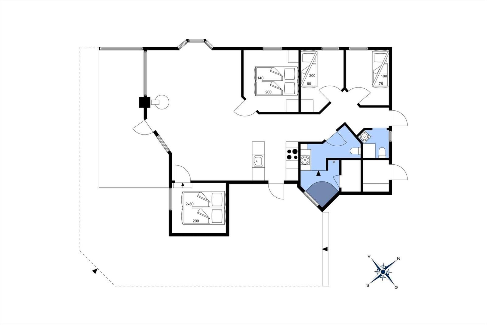 Apartment with kitchen, bathroom, and three bedrooms with beds.
