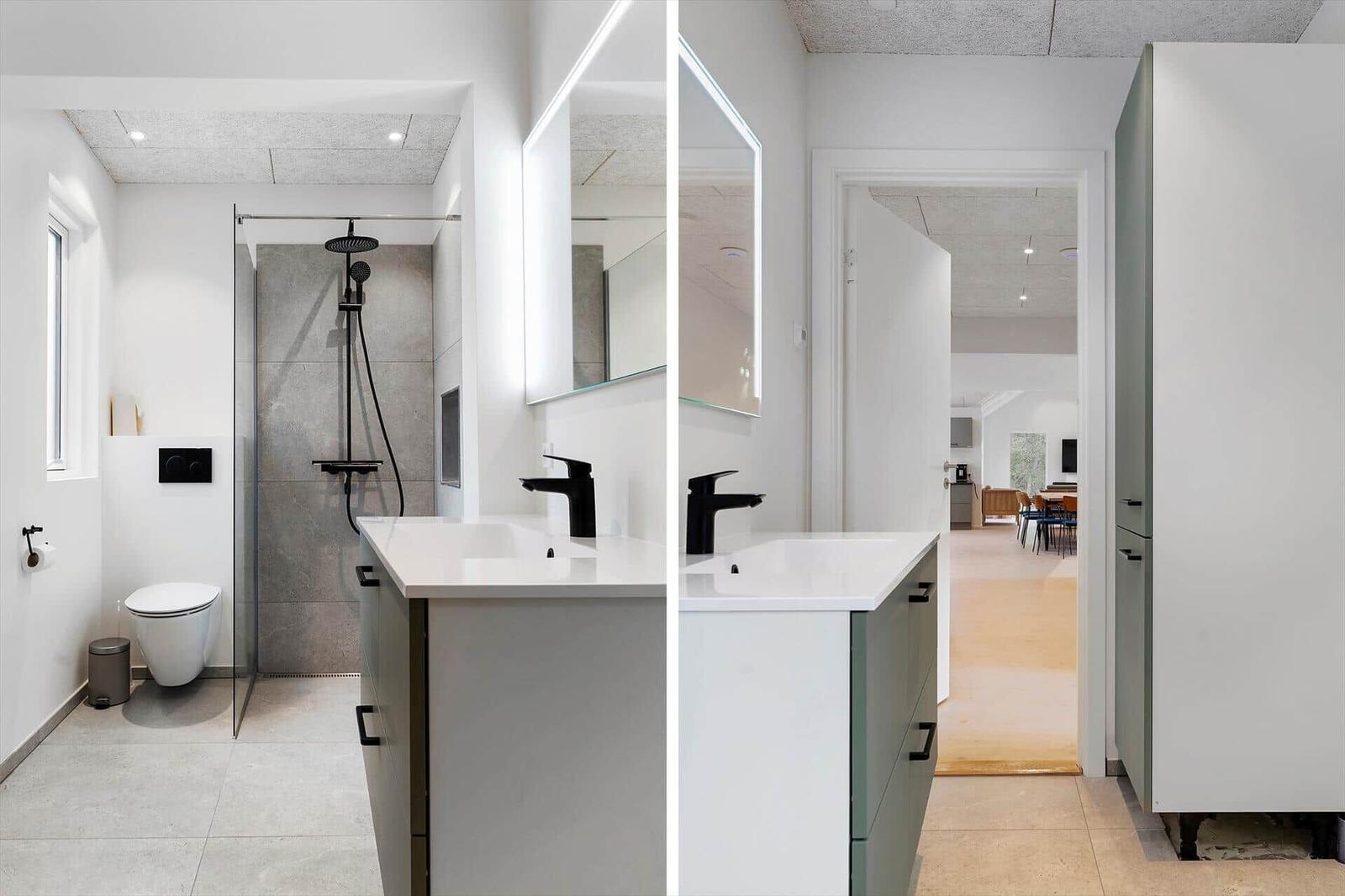 Moderne Badezimmer mit Dusche und Waschbecken. Blick in Wohnbereich mit Holzboden.