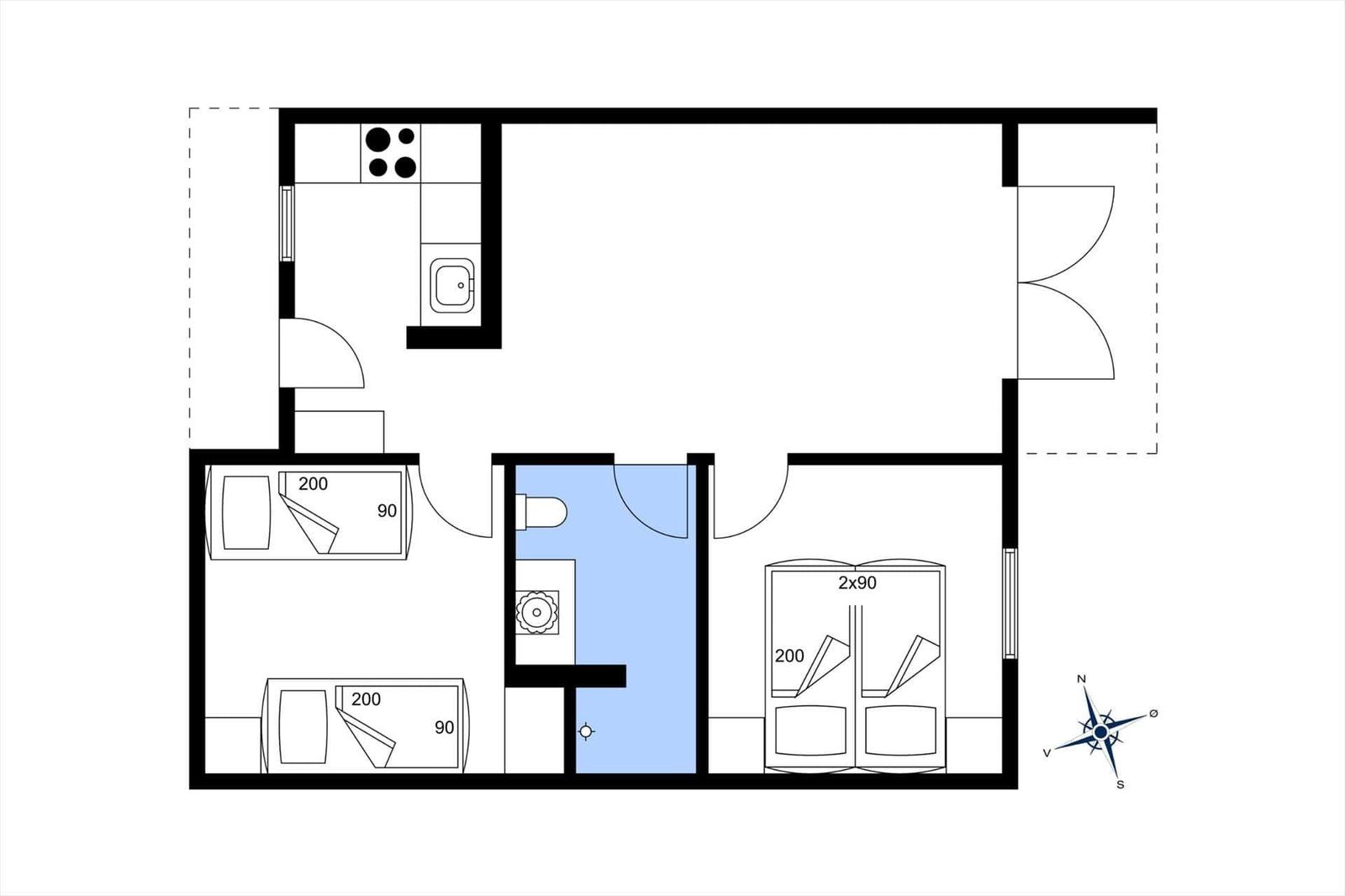 Two bedrooms, kitchen, bathroom, and living area with window