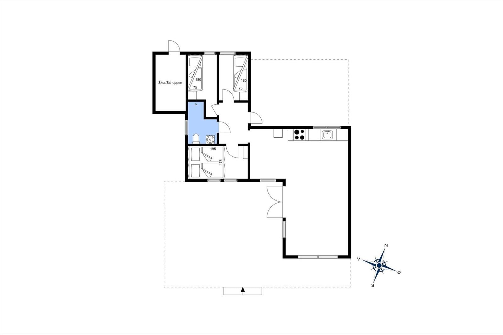Wohnung mit drei Schlafzimmern, Küche und Bad. Raumangaben in Quadratmetern.