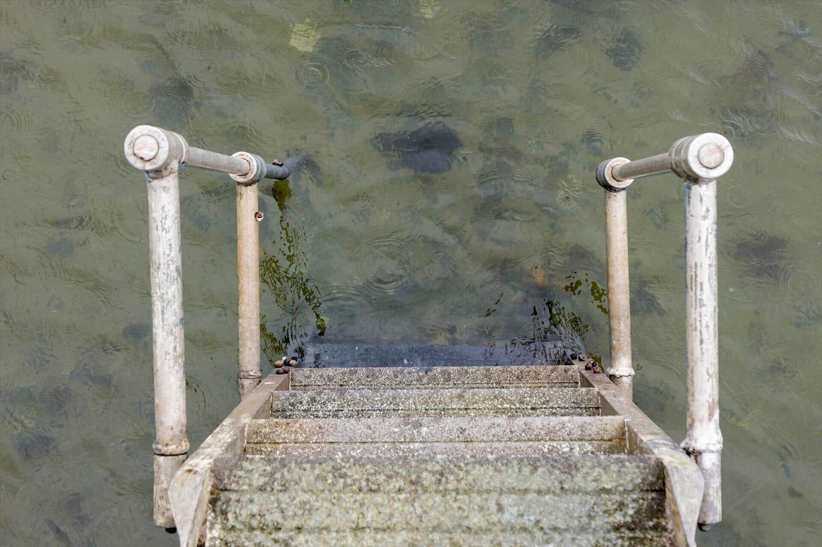 Steinstufen mit Geländer führen ins Wasser.