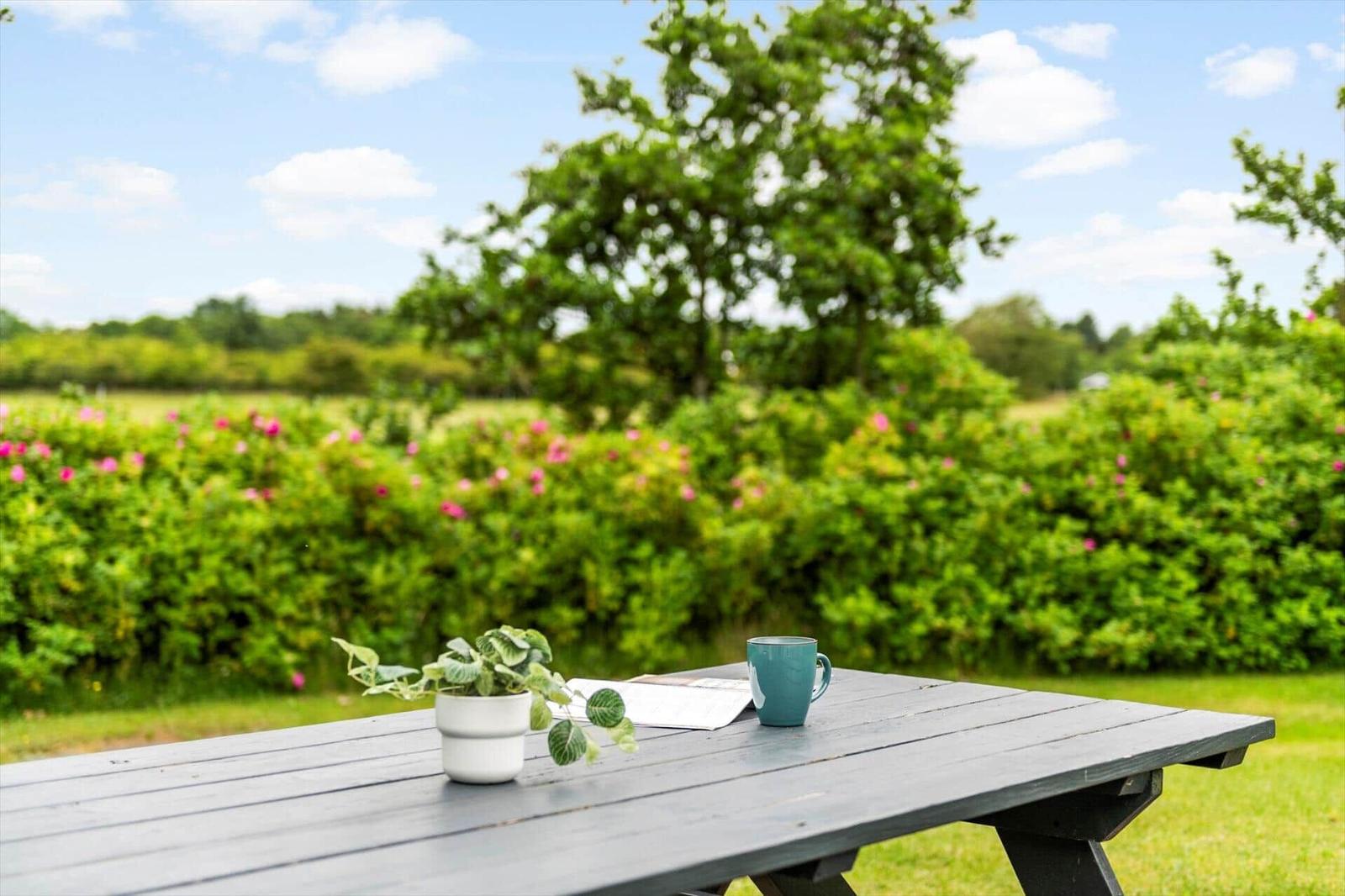 Holztisch im Garten mit Pflanze und Tasse. Hintergrund: grüne Hecke und rosa Blumen.