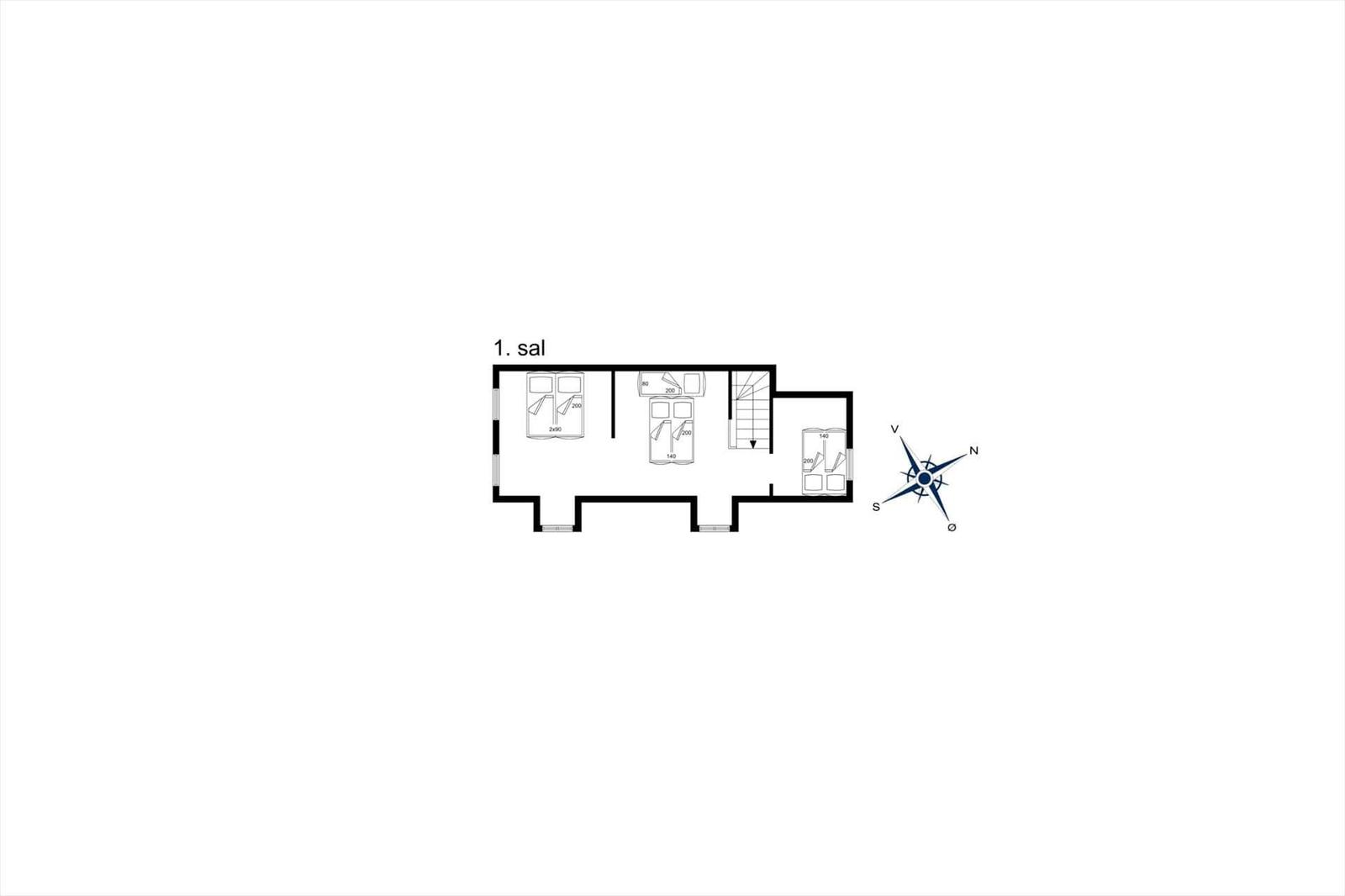 Ground floor plan with bedrooms, bathroom, and stairs to upper level.