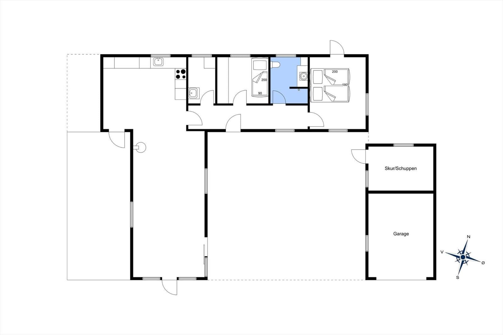 Wohnung mit Küche, Schlafzimmer, Bad und Garage. Skur/Schuppen vorhanden.