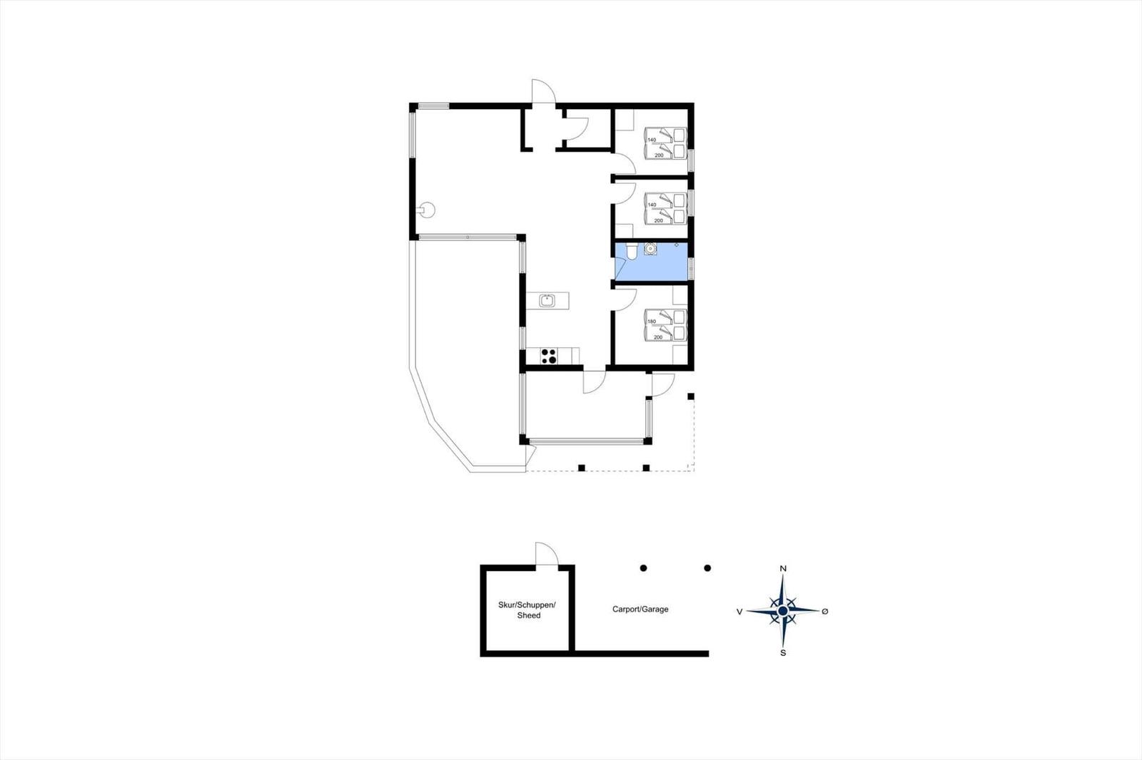 Flächenplan zeigt Wohn- und Schlafzimmer, Küche, Bad und Garage.