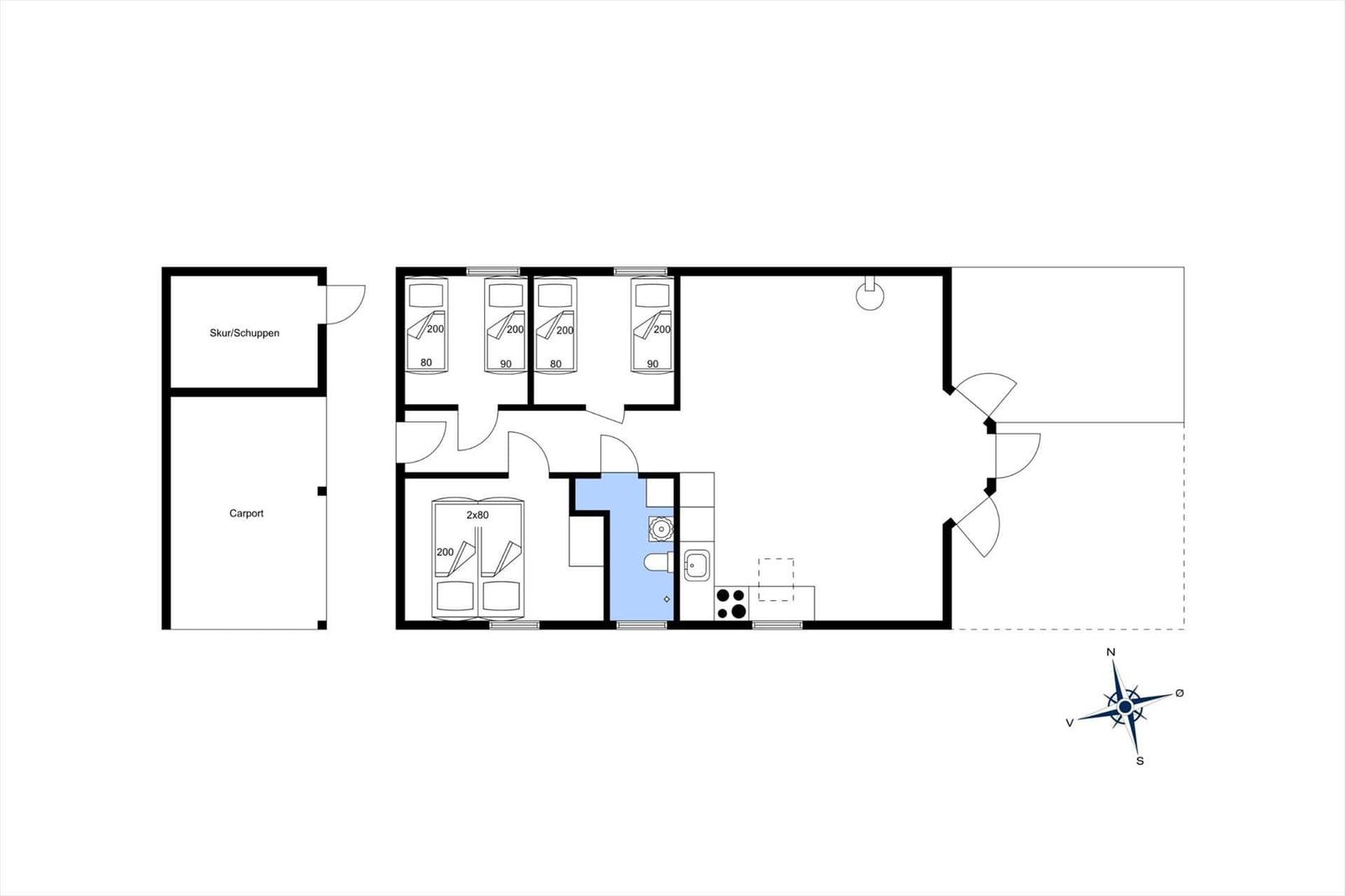 Apartment with four bedrooms, kitchen, and bathroom. Adjacent space for carport and shed.