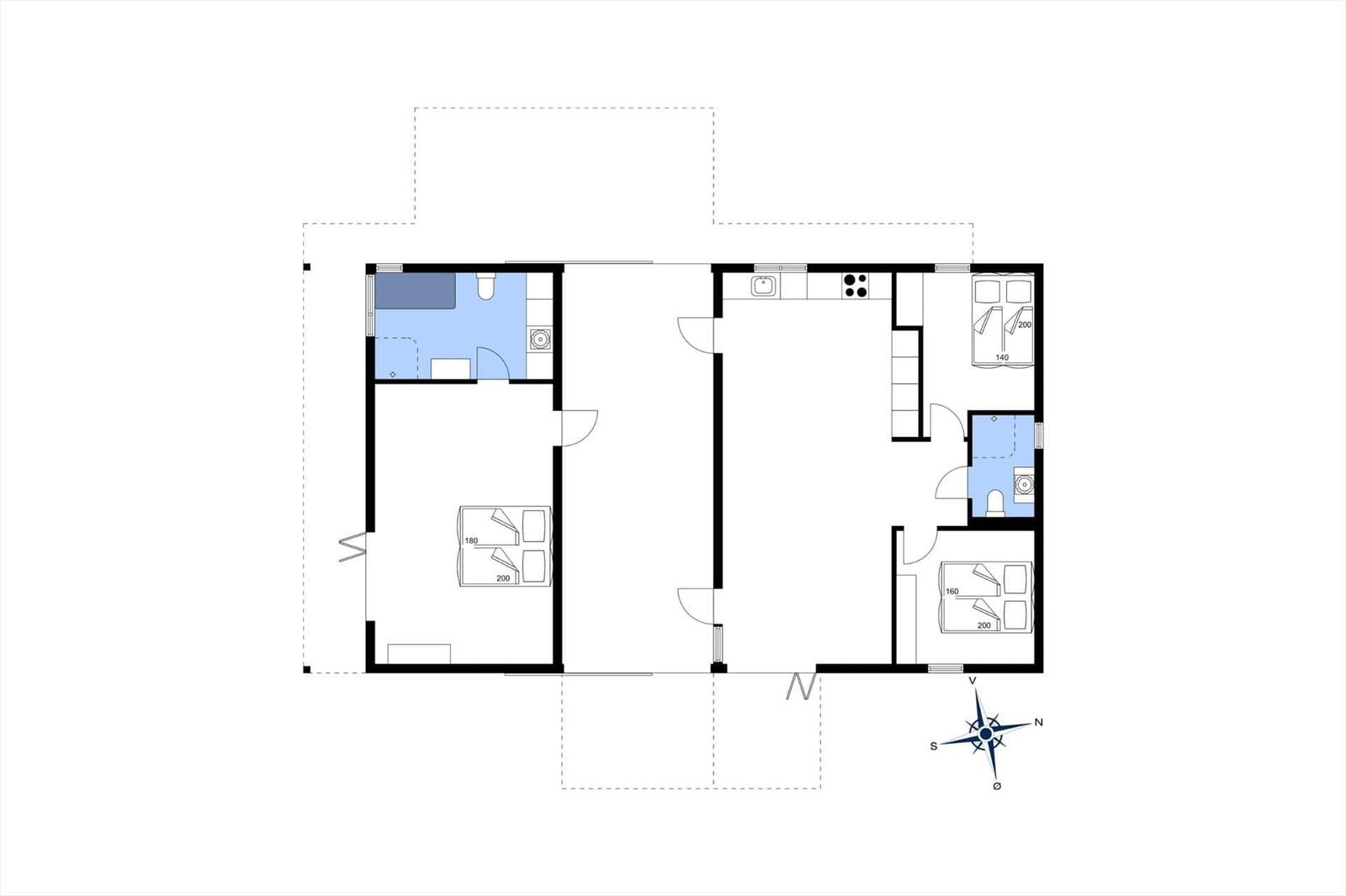 Apartment with three bedrooms, kitchen, and two bathrooms. Floor plan with compass.