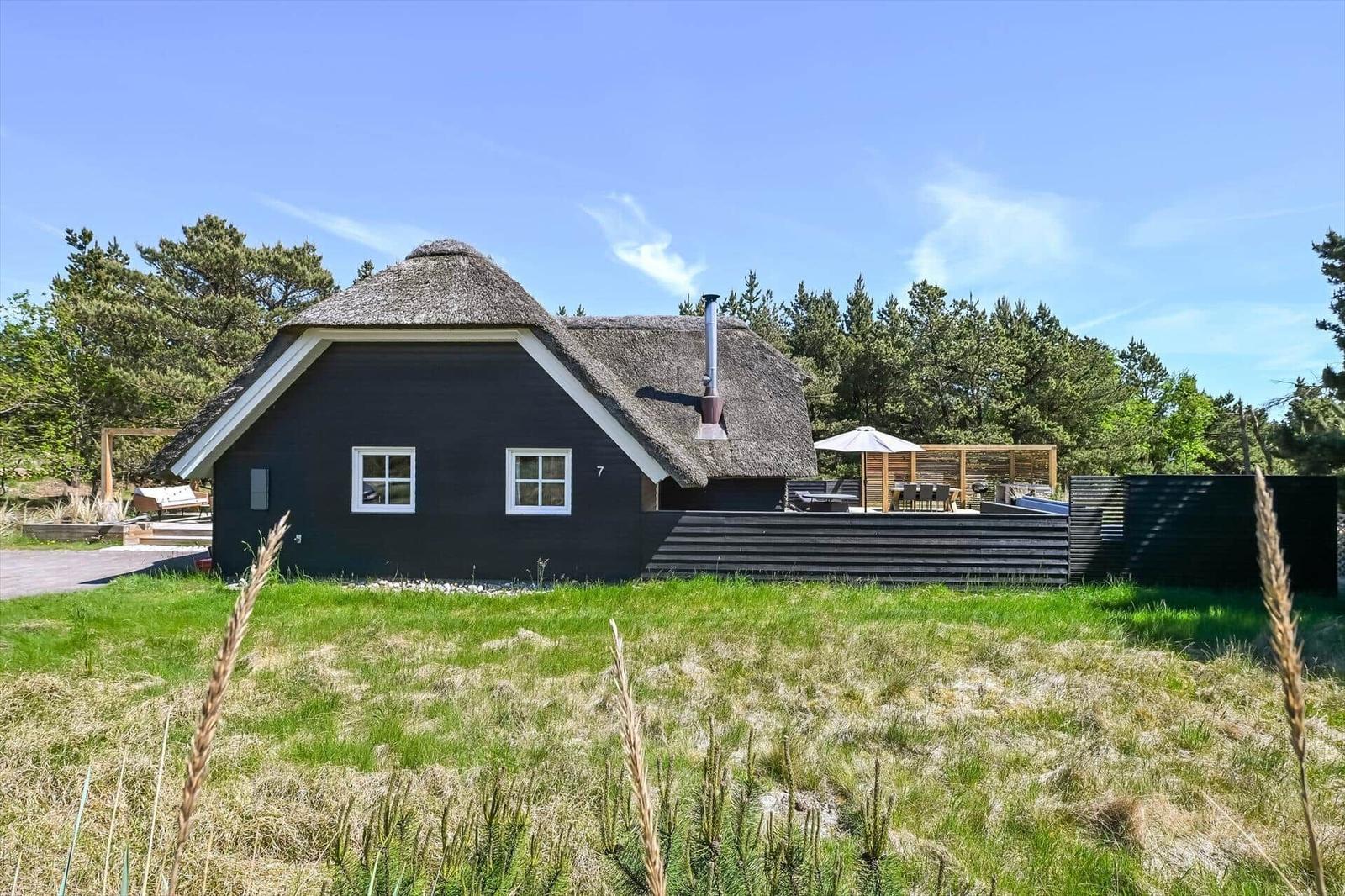 Schwarzes Haus mit Strohdach, Terrasse und Garten. Hintergrund: Bäume und klarer Himmel.