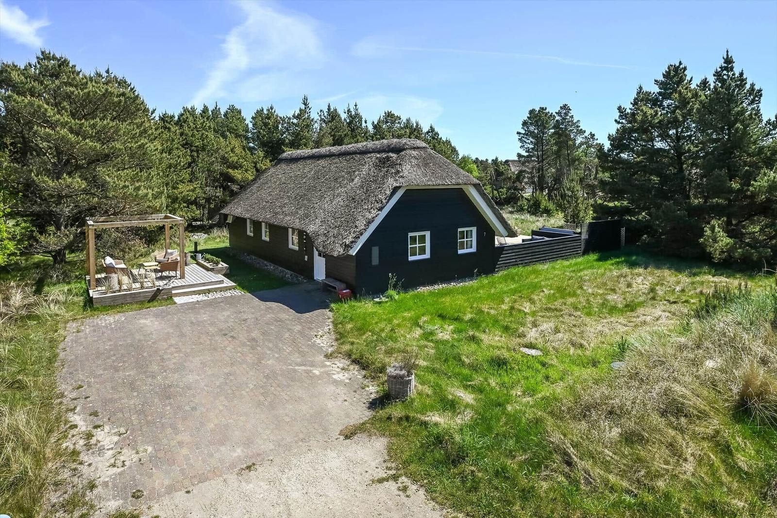 Schwarzes Haus mit Strohdach, Terrasse und Grillplatz im Grün. Parkplatz vor dem Haus.