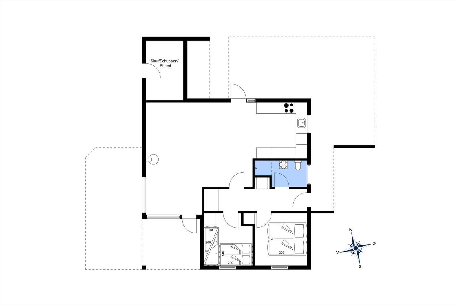 Functional floor plan with kitchen, bathroom, bedrooms, and garage.