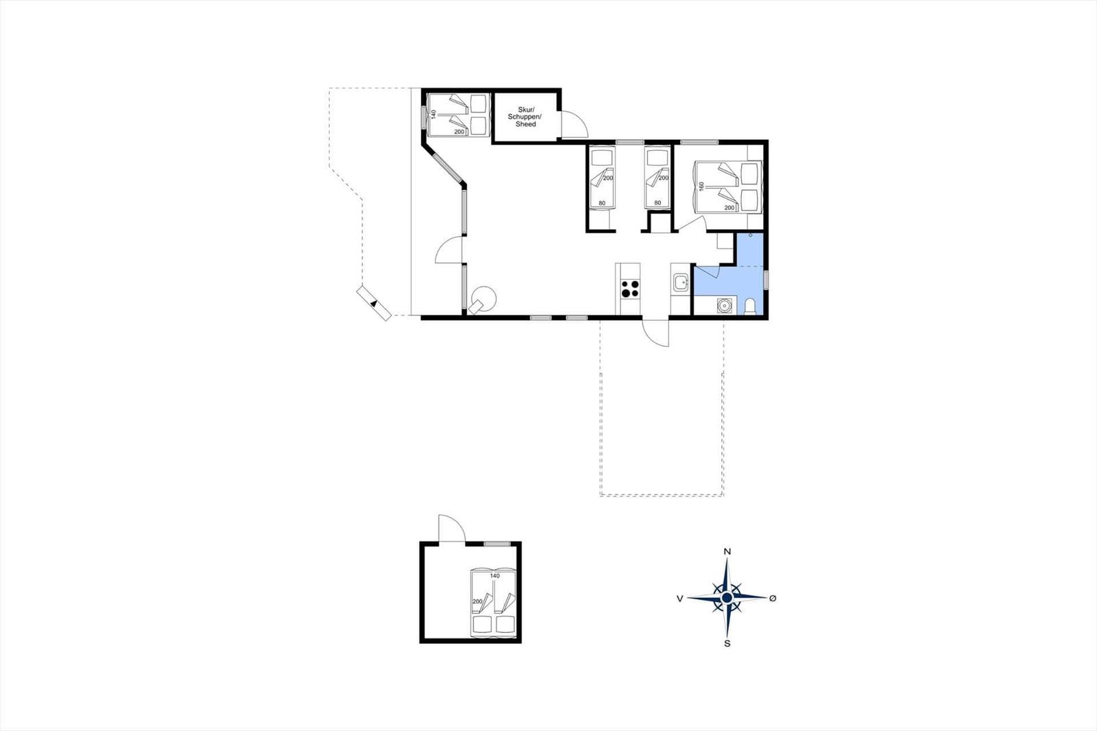 Wohnung mit drei Schlafzimmern, Küche und Bad. Außenbereich mit Garage.