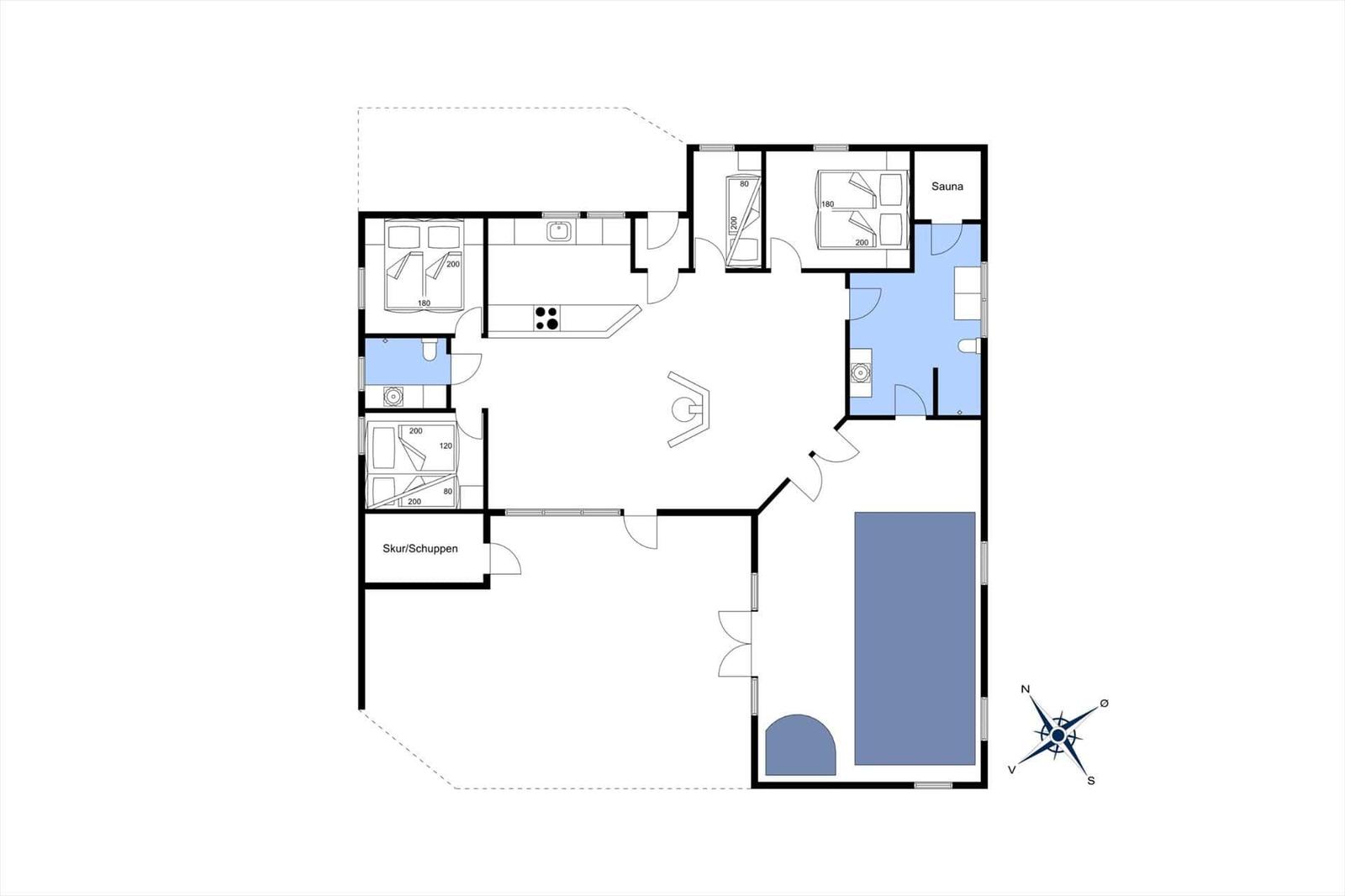 Wohnung mit Küche, zwei Schlafzimmern, Sauna und Skur/Schuppen.