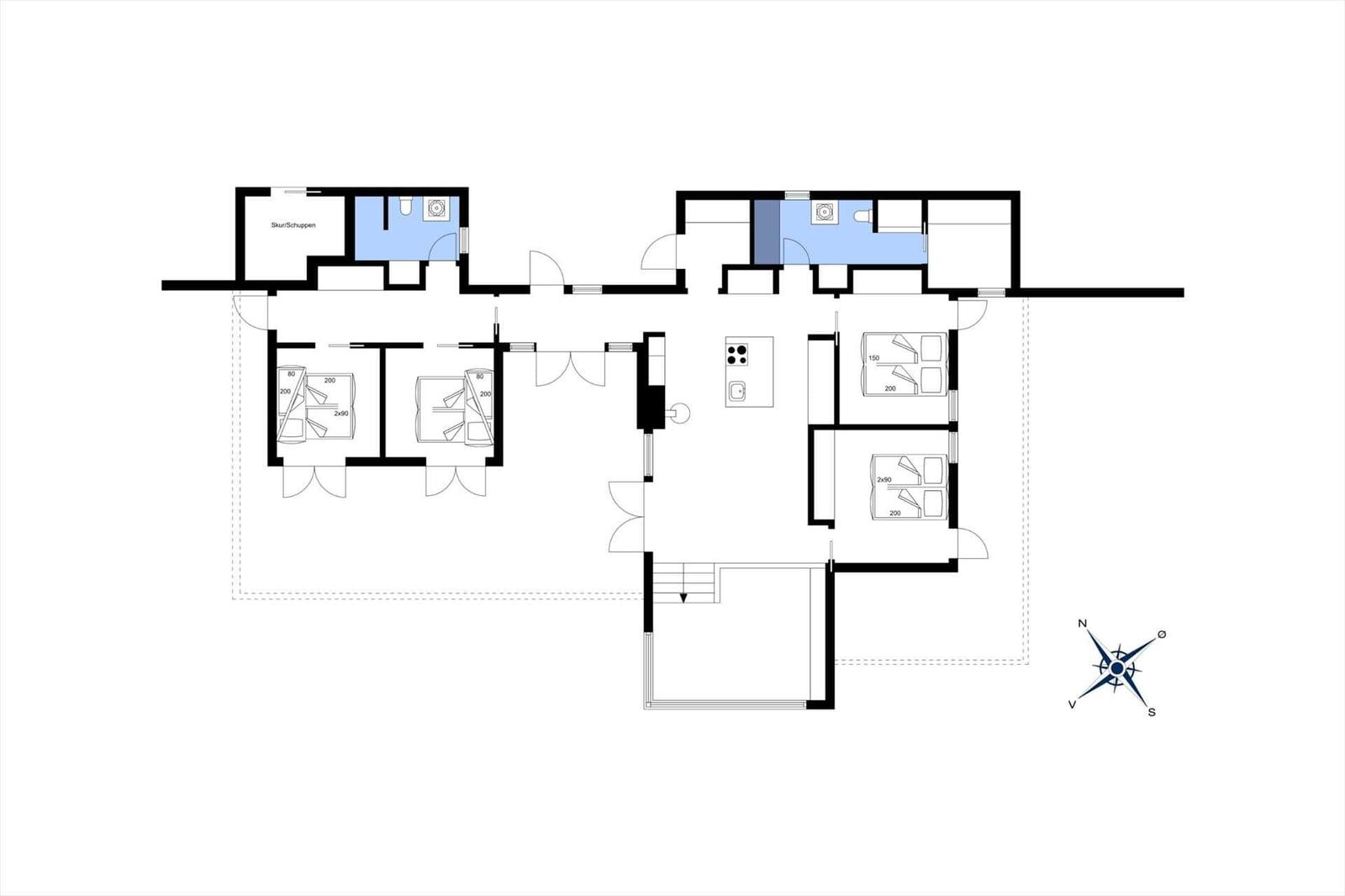 Übersichtsplan einer Wohnung mit Schlafzimmern, Küche und Badezimmer.