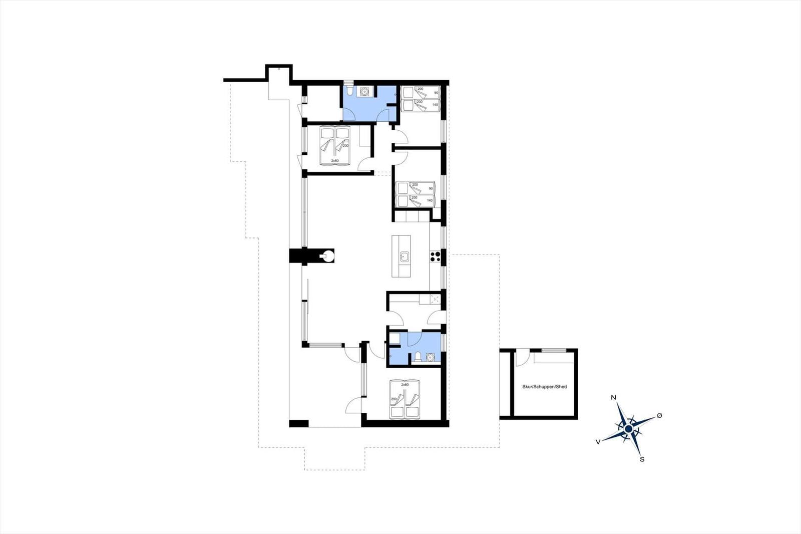 Floor plan with three bedrooms, kitchen, bathroom, and shed.