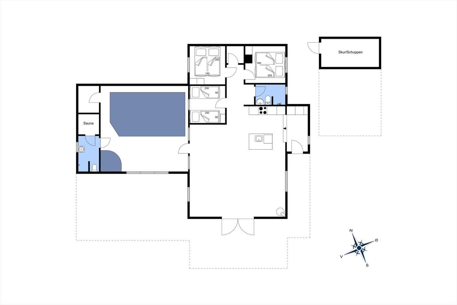 Dieses Haus hat drei Schlafzimmer, eine Sauna und eine Küche.