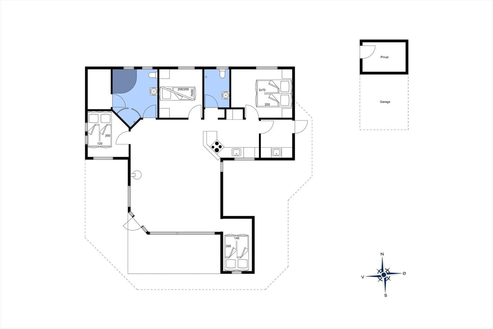 Wohnung mit drei Schlafzimmern, Küche und Bad. Garage und privater Bereich vorhanden.