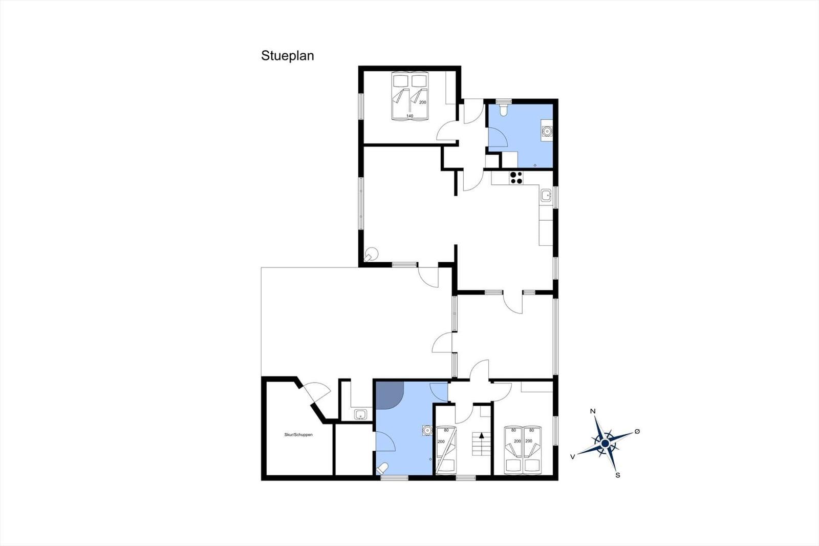 Stueplan zeigt zwei Schlafzimmer, Küche, Bad und Waschküche.