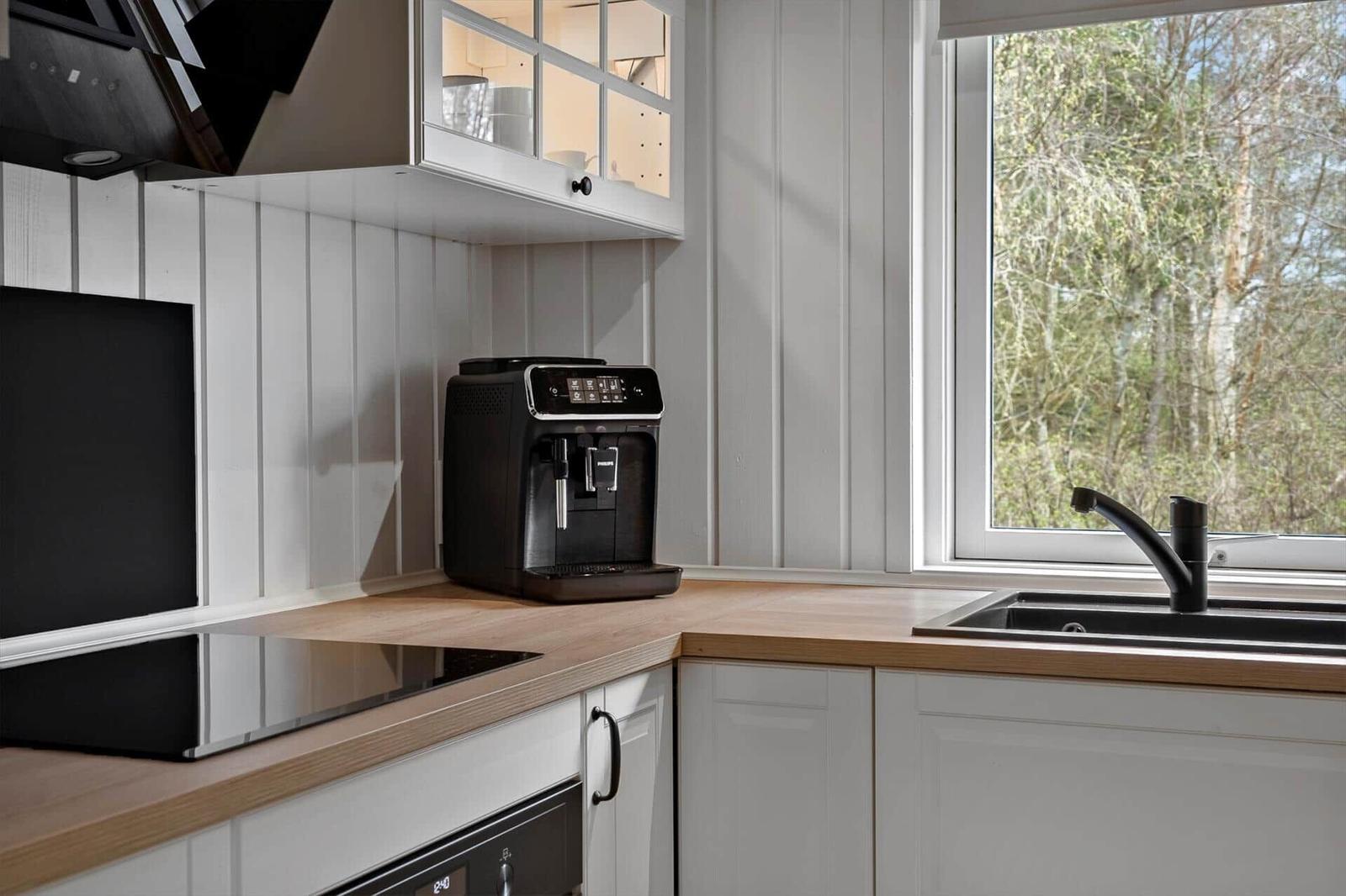 Küche mit Arbeitsplatte, Spüle und Kaffeemaschine. Fensterblick auf Wald.
