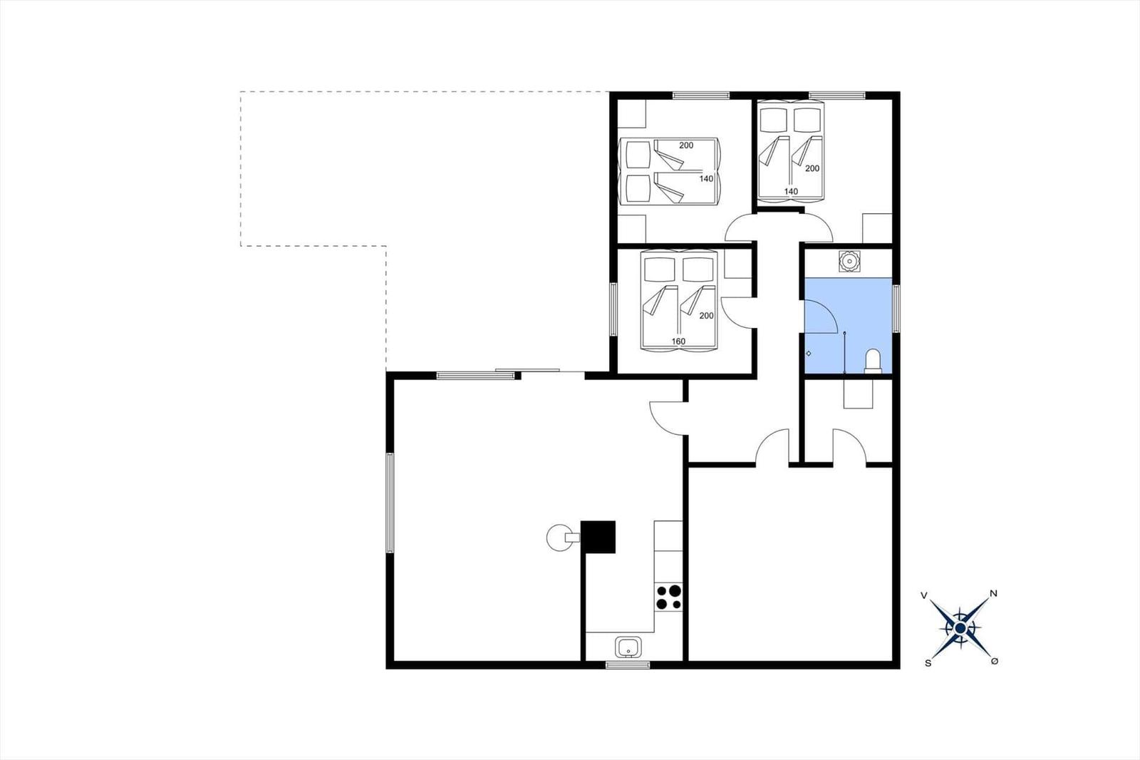 Wohnung mit drei Schlafzimmern, Küche und Bad. Grundriss zeigt Raumverteilung.