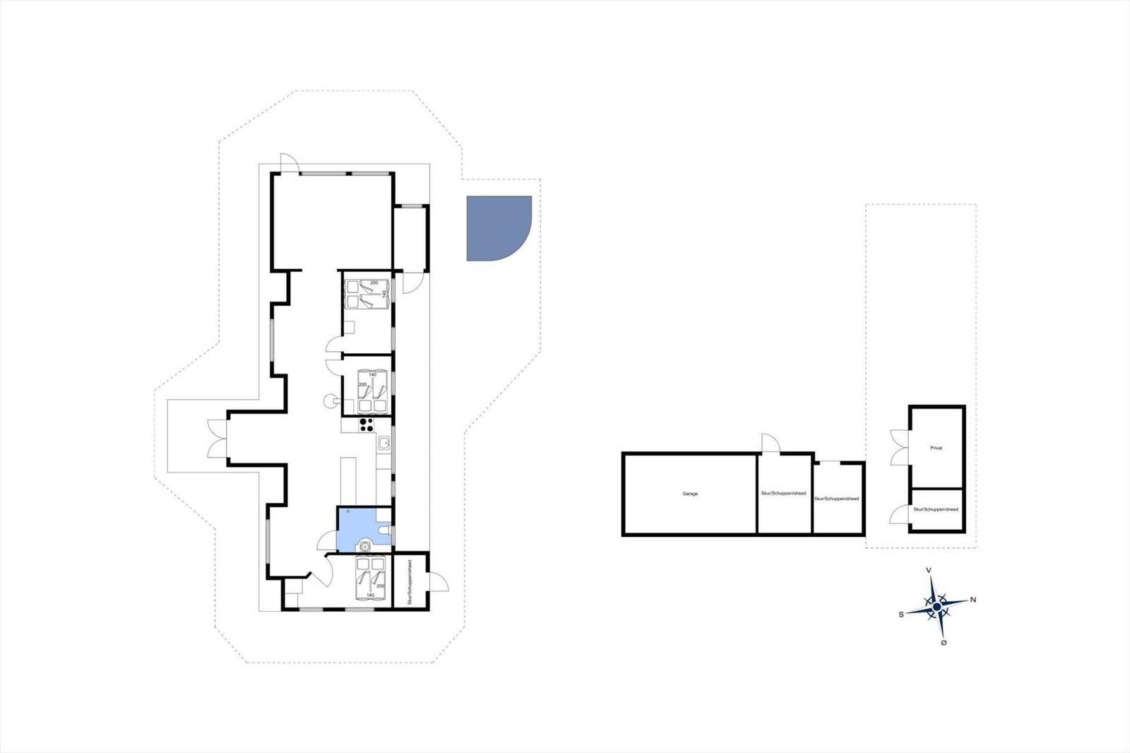 Plan zeigt Wohnhaus mit Küche, Schlafzimmer und Garage.